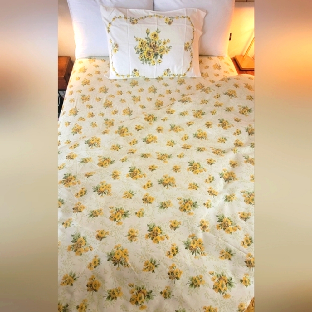 Vintage DBL Sz 3pc Bedding Set. Sunflowers Motif, Sears, 50/50 Blend - Picture 3 of 15